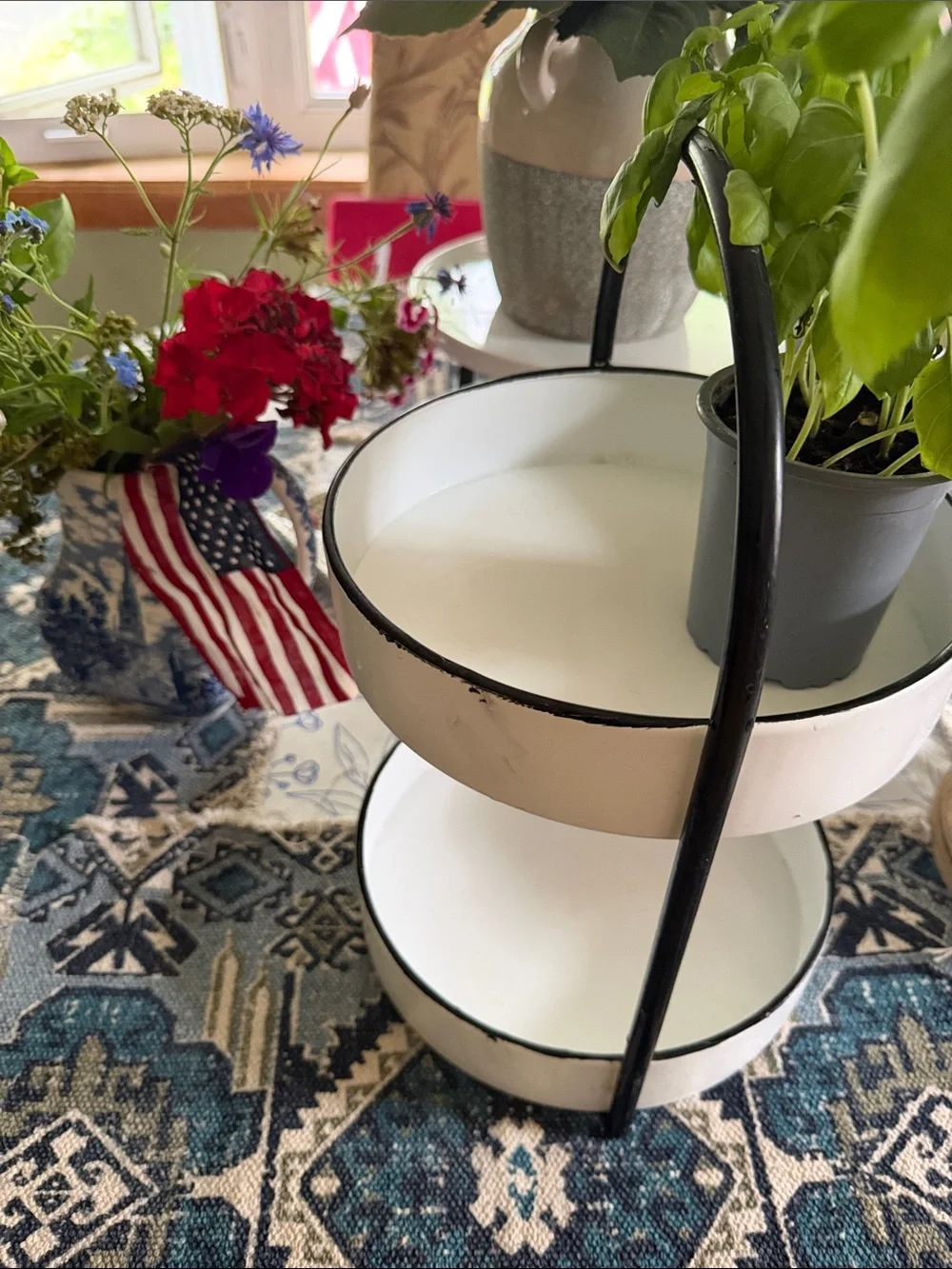 Rae Dunn White Two-Tier ORGANIC Stand with Black Trim